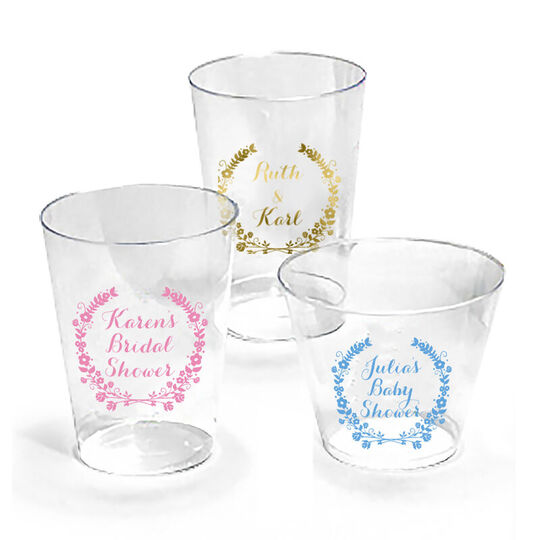 Personalized Clear Plastic Cups with Floral Laurel Wreath
